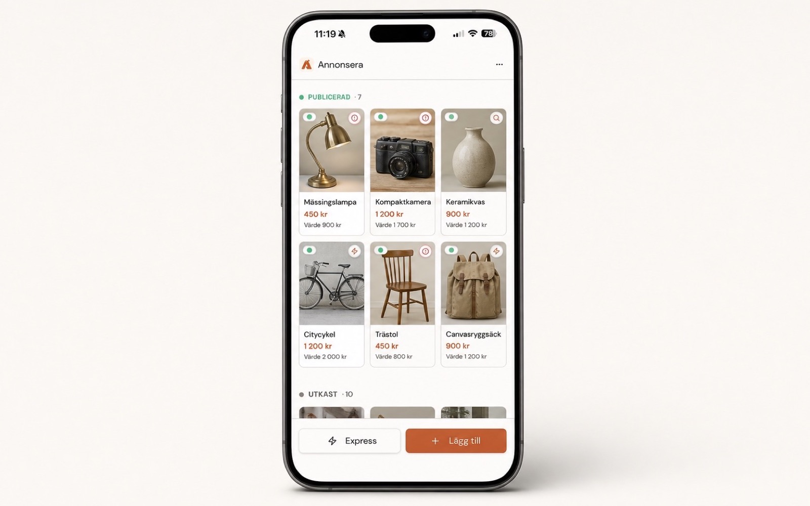 Annonsera-appen på en iPhone med publicerade annonser i ett rutnät