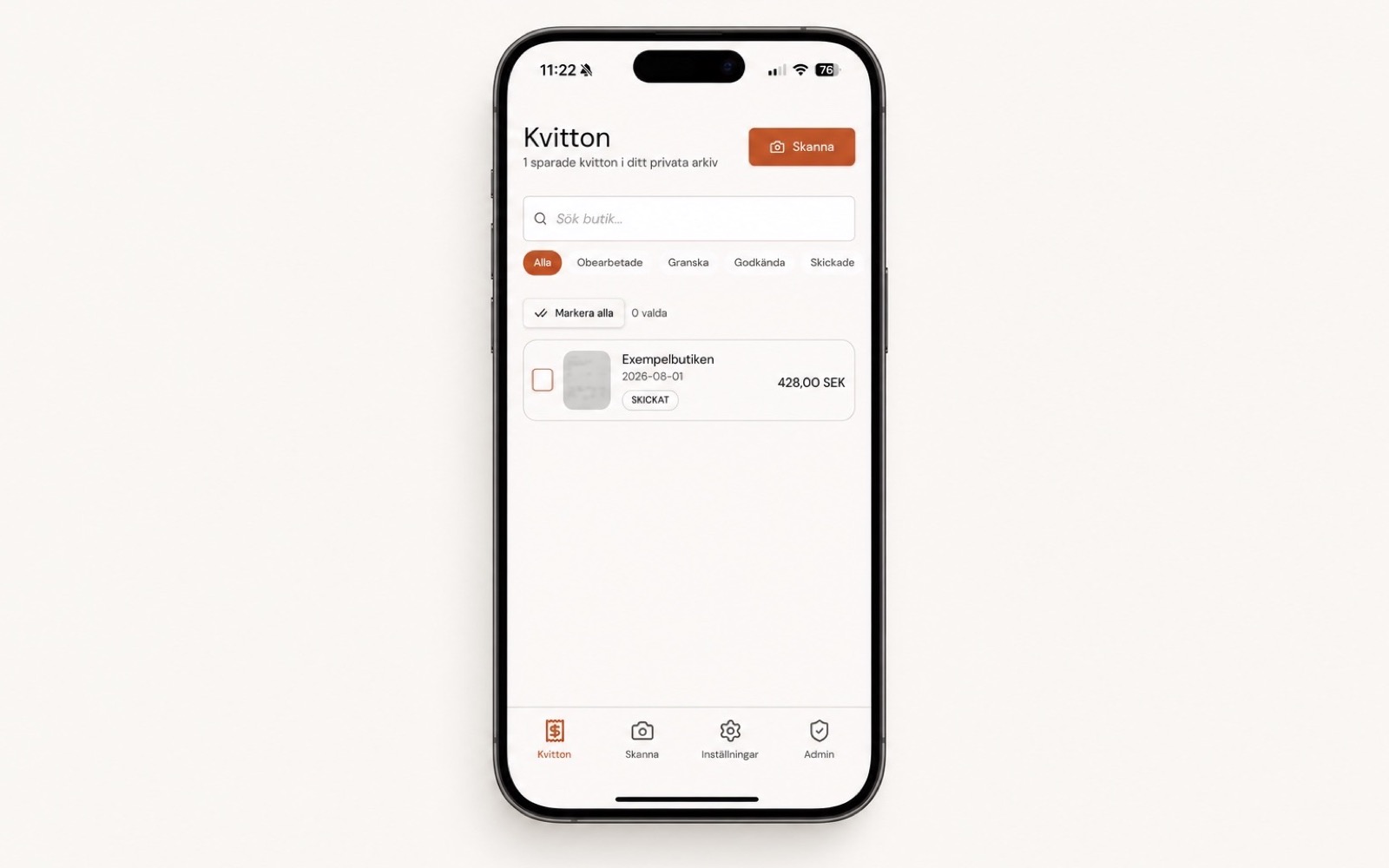 Kvittoflöde på en iPhone med en lista över sparade kvitton